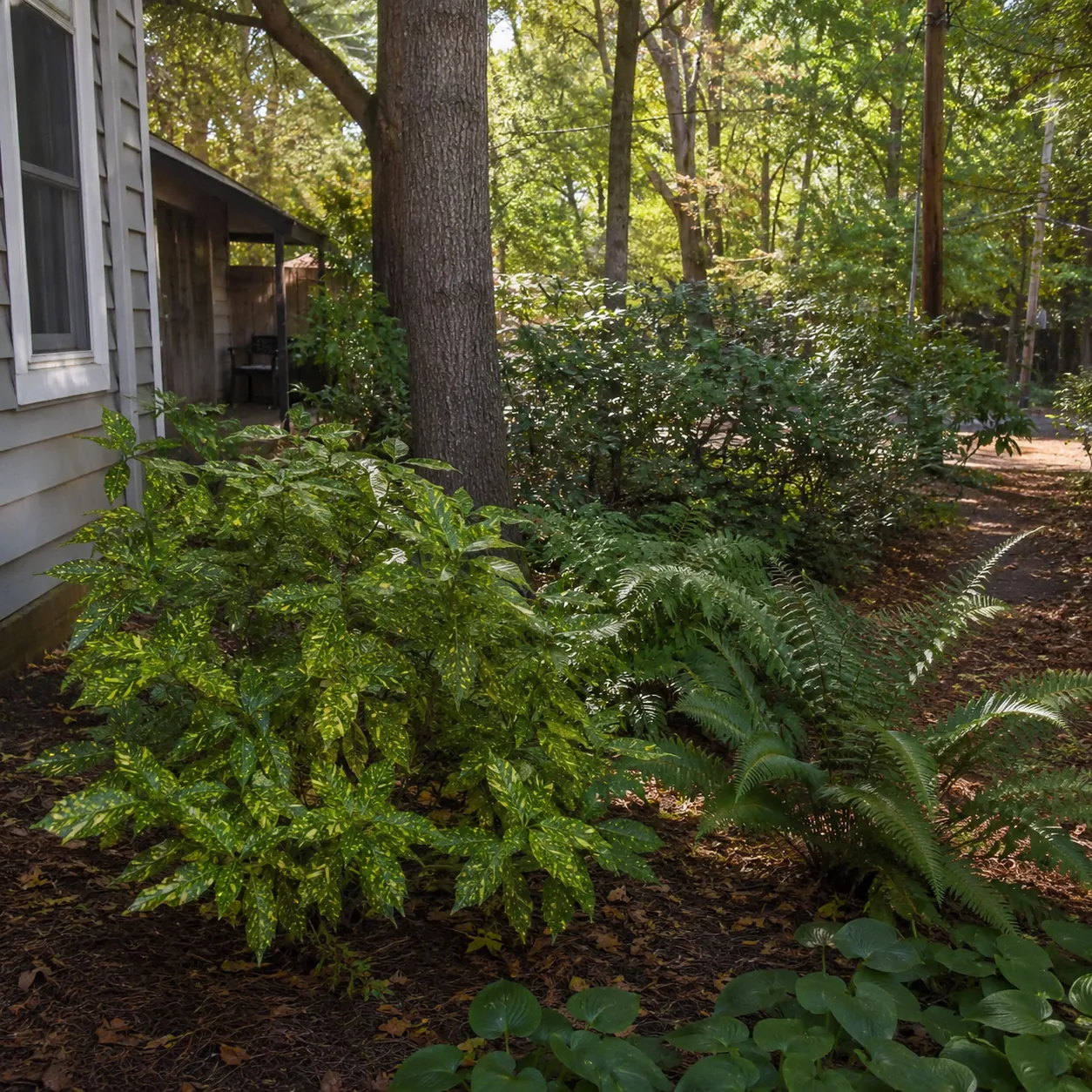 Realistic editorial photo of Aucuba growing in dry shady side yard under mature trees planted with shade tolerant plants