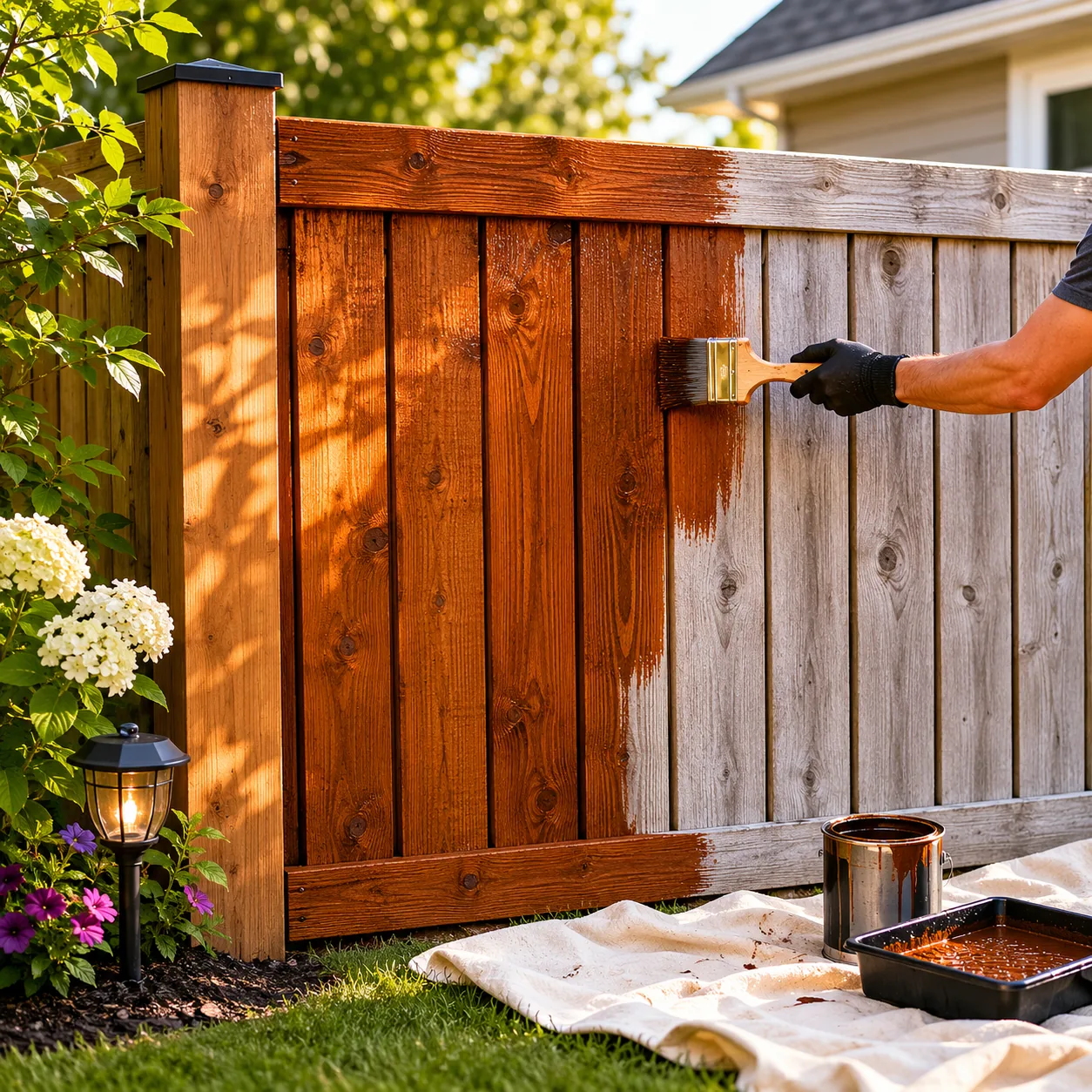 Realistic editorial photo of fresh stain on one small fence section in budget backyard weekend upgrade, realistic editor