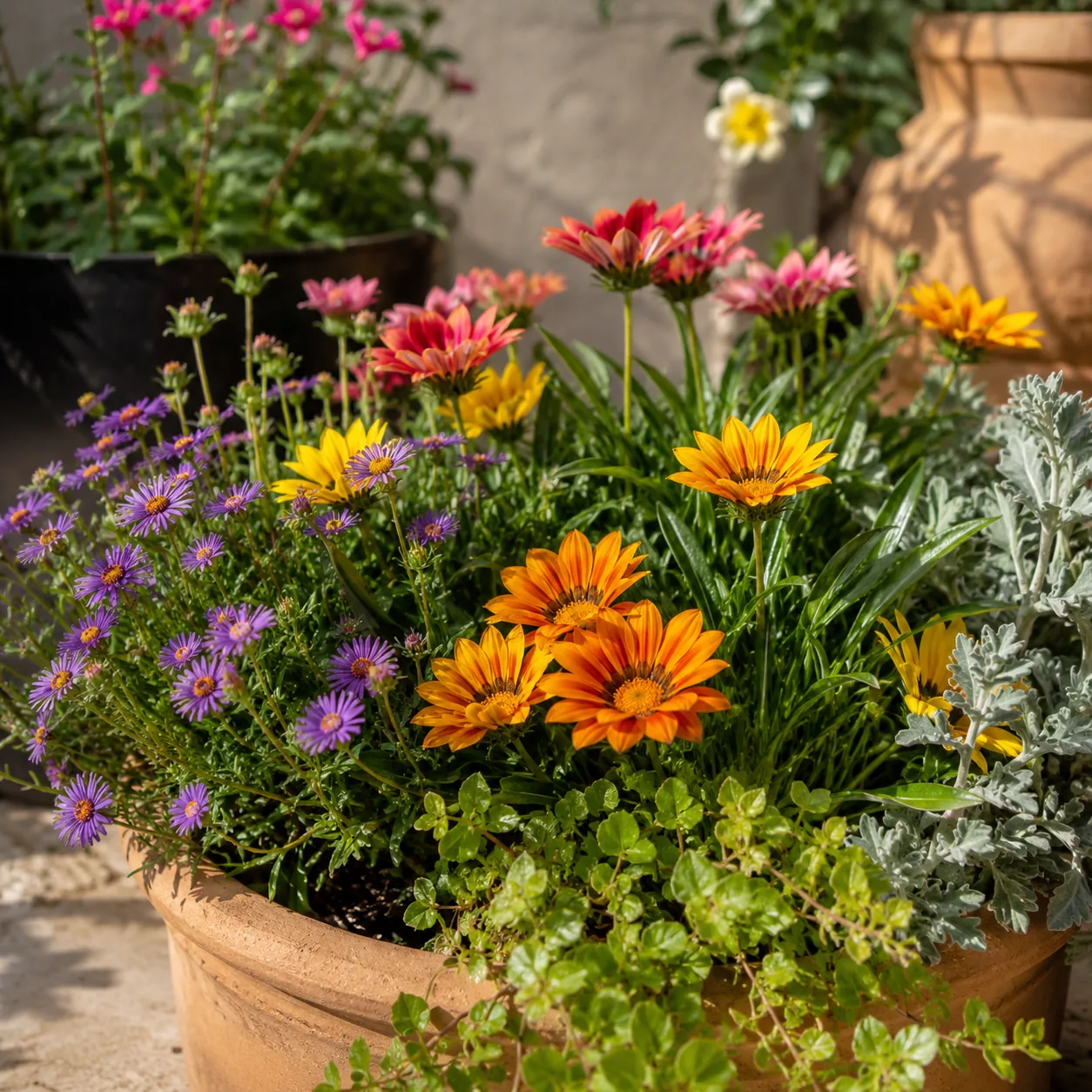 Realistic editorial photo of Gazania growing in sunny patio containers with heat tolerant flowering plants, realistic ed
