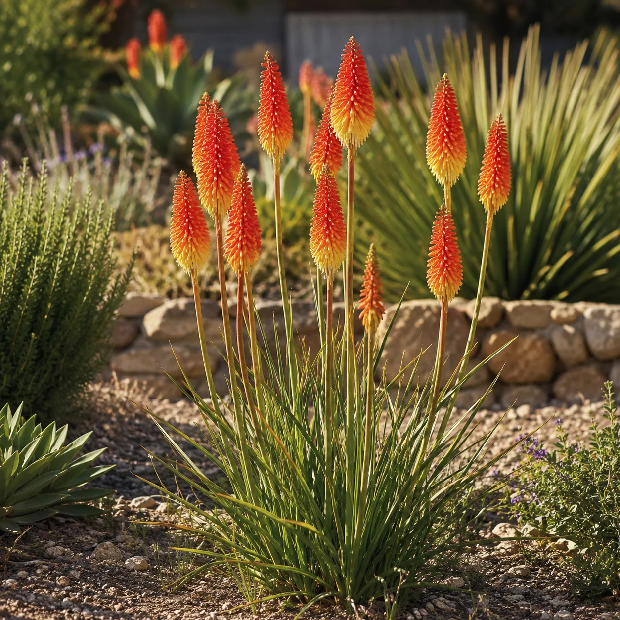 Realistic editorial photo of Red hot poker growing in sunny drought tolerant flower bed in summer heat, realistic editor