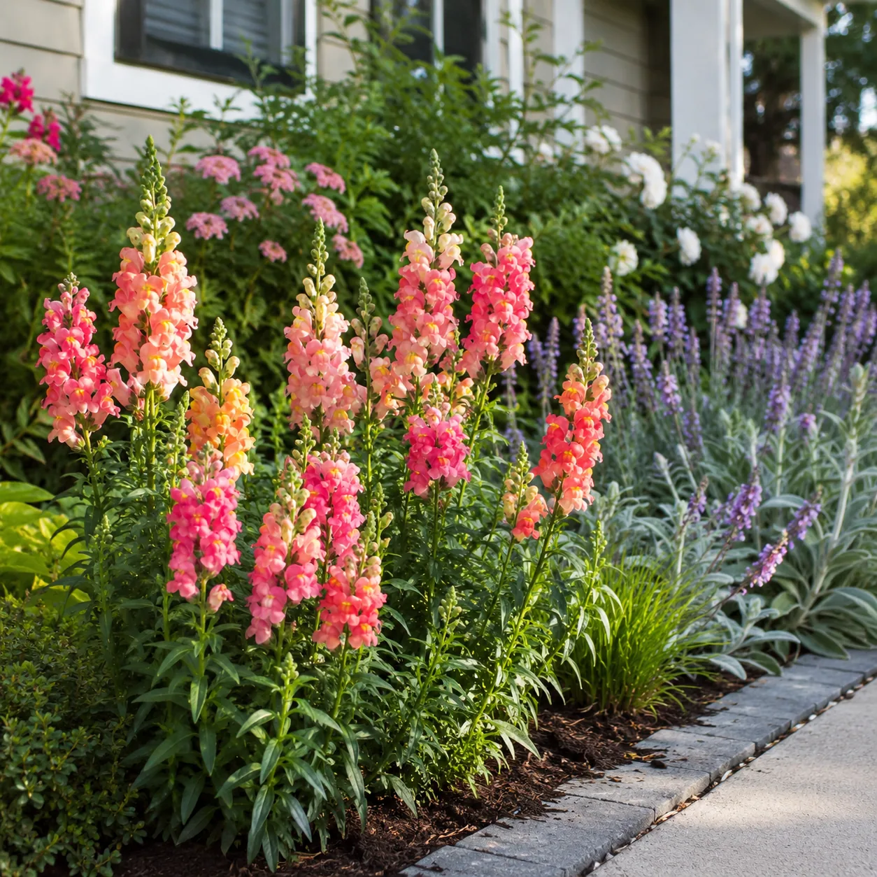 Realistic editorial photo of Snapdragon growing in front yard border with deer resistant flowering plants, realistic edi