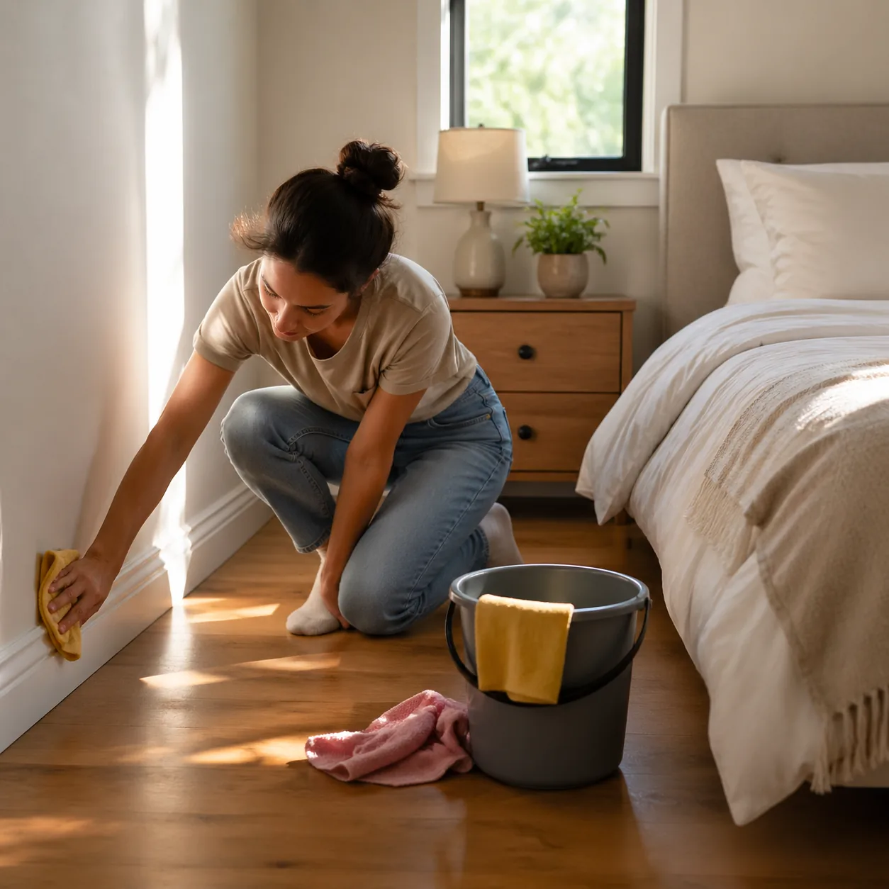 Warm editorial photo of a young woman wiping down baseboards in a sunlit bedroom, cleaning bucket and cloths nearby, fre