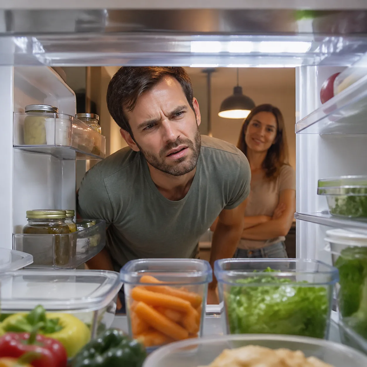 Warm realistic lifestyle photo of a husband looking confused into an open fridge with neatly arranged shelves, his wife 