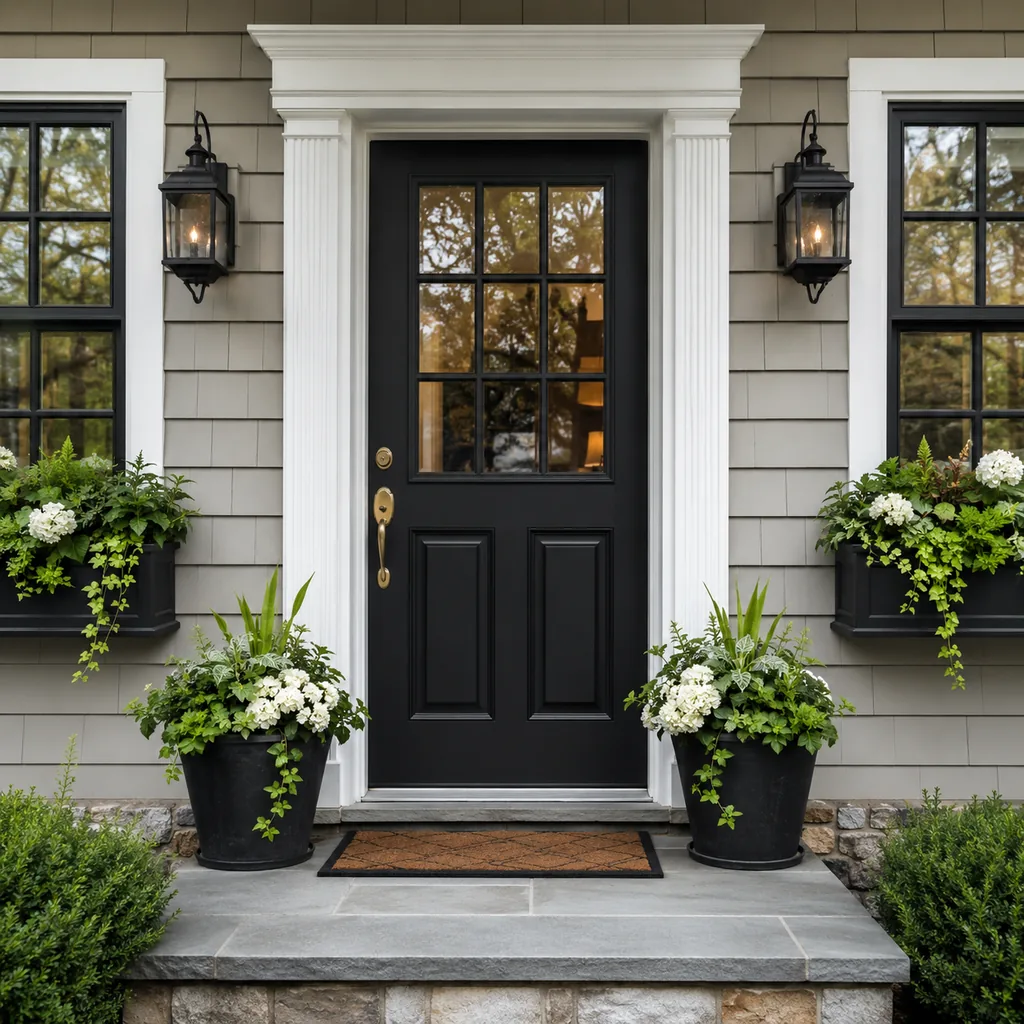 Realistic editorial photo of a black front door on an American home with trim, planters, hardware, and porch details showing window boxes with enough volume