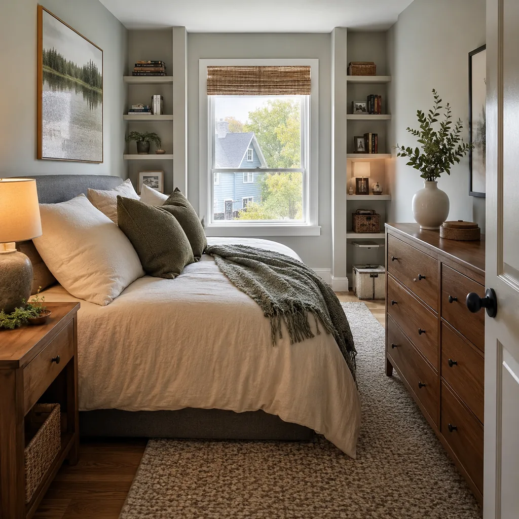 Realistic editorial photo of a compact American bedroom with bed, nightstands, window, dresser, and tight walkways showing open shelves with breathing room
