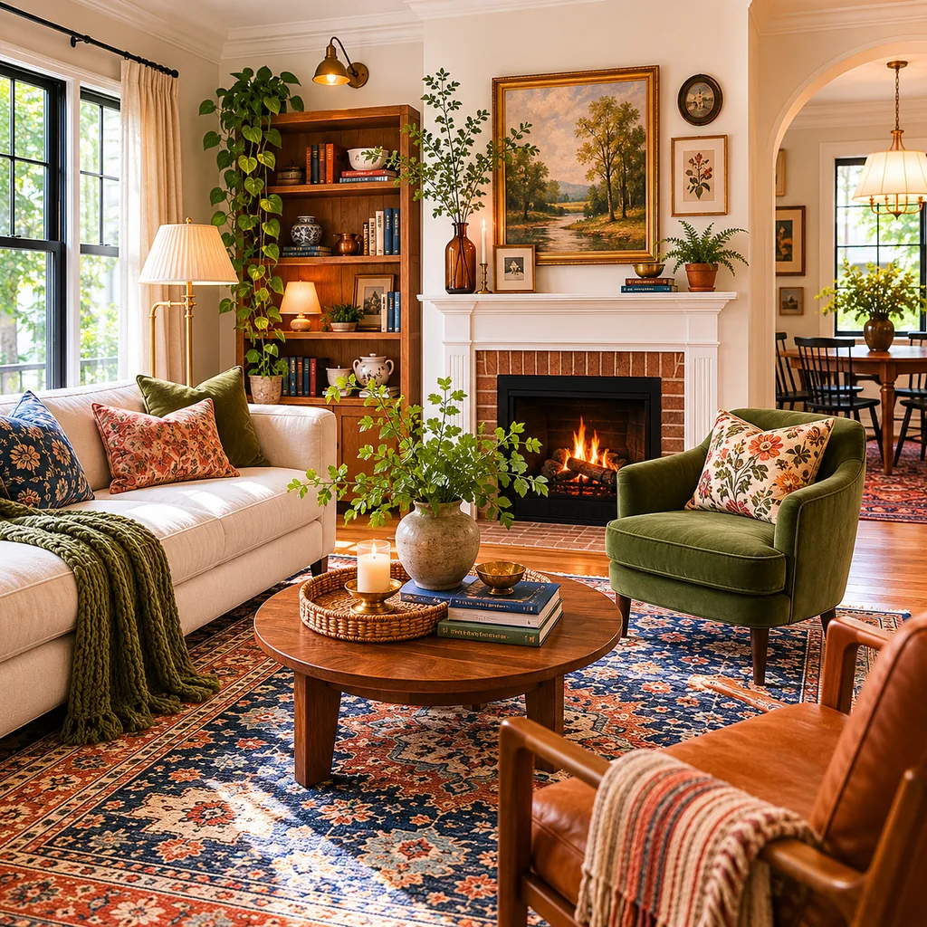 Realistic editorial photo of a home interior with vintage decor, modern furniture, warm wood, patterned accents, and layered lighting showing room that mixes er