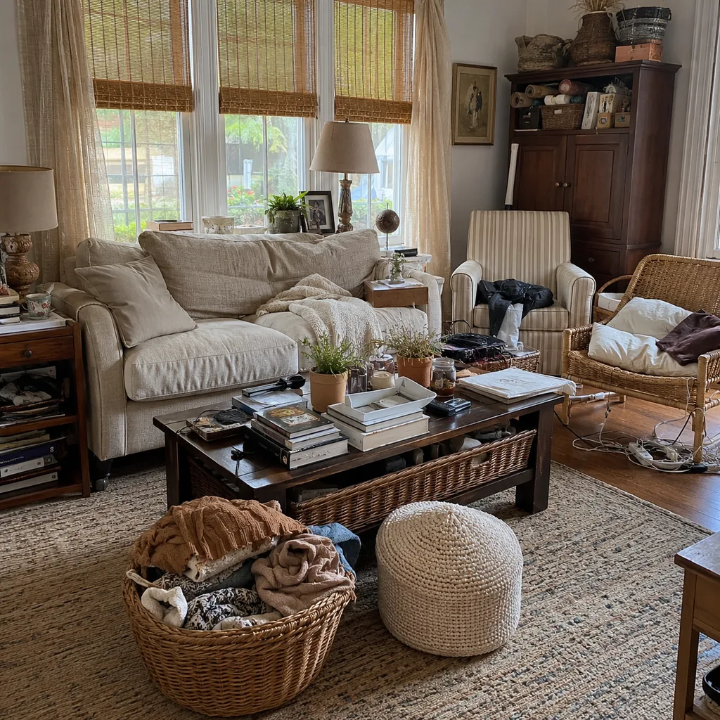 Realistic editorial photo of a living room with crowded surfaces, extra chairs, baskets, blankets, cords, and storage furniture showing decor stored where usefu