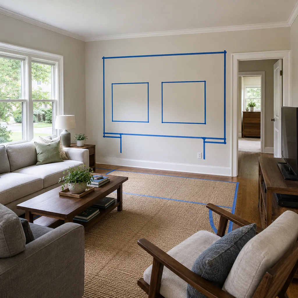 Realistic editorial photo of a living room with sofa, chairs, rug, TV, windows, and taped layout marks showing bed wall that leaves door clearance
