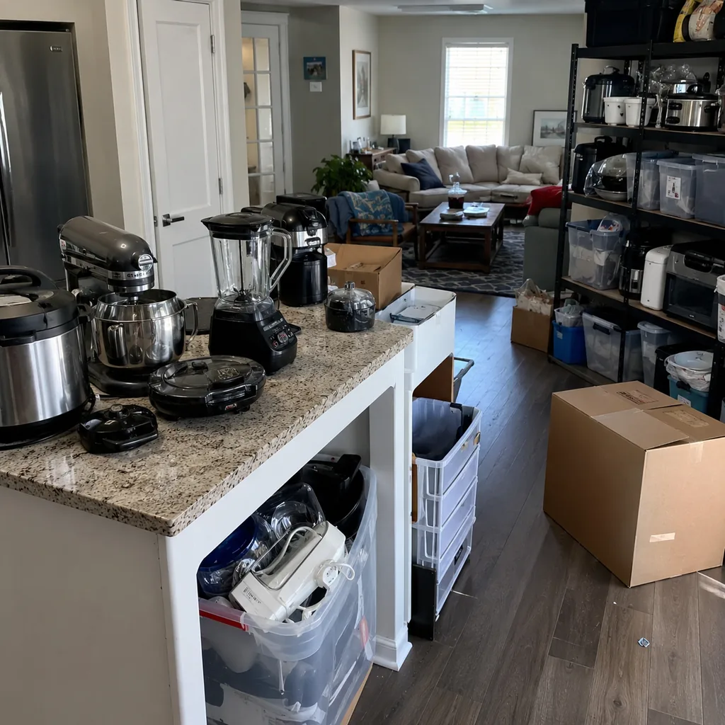 Realistic editorial photo of a realistic cluttered living room and kitchen area with boxes, counters, shelves, and organizing bins showing countertop appliances
