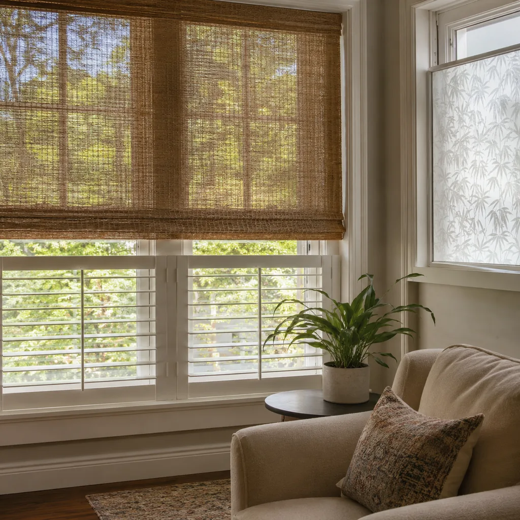 Realistic editorial photo of a room with windows, shades, shutters, woven panels, privacy film, and soft natural light showing woven shades without privacy lini
