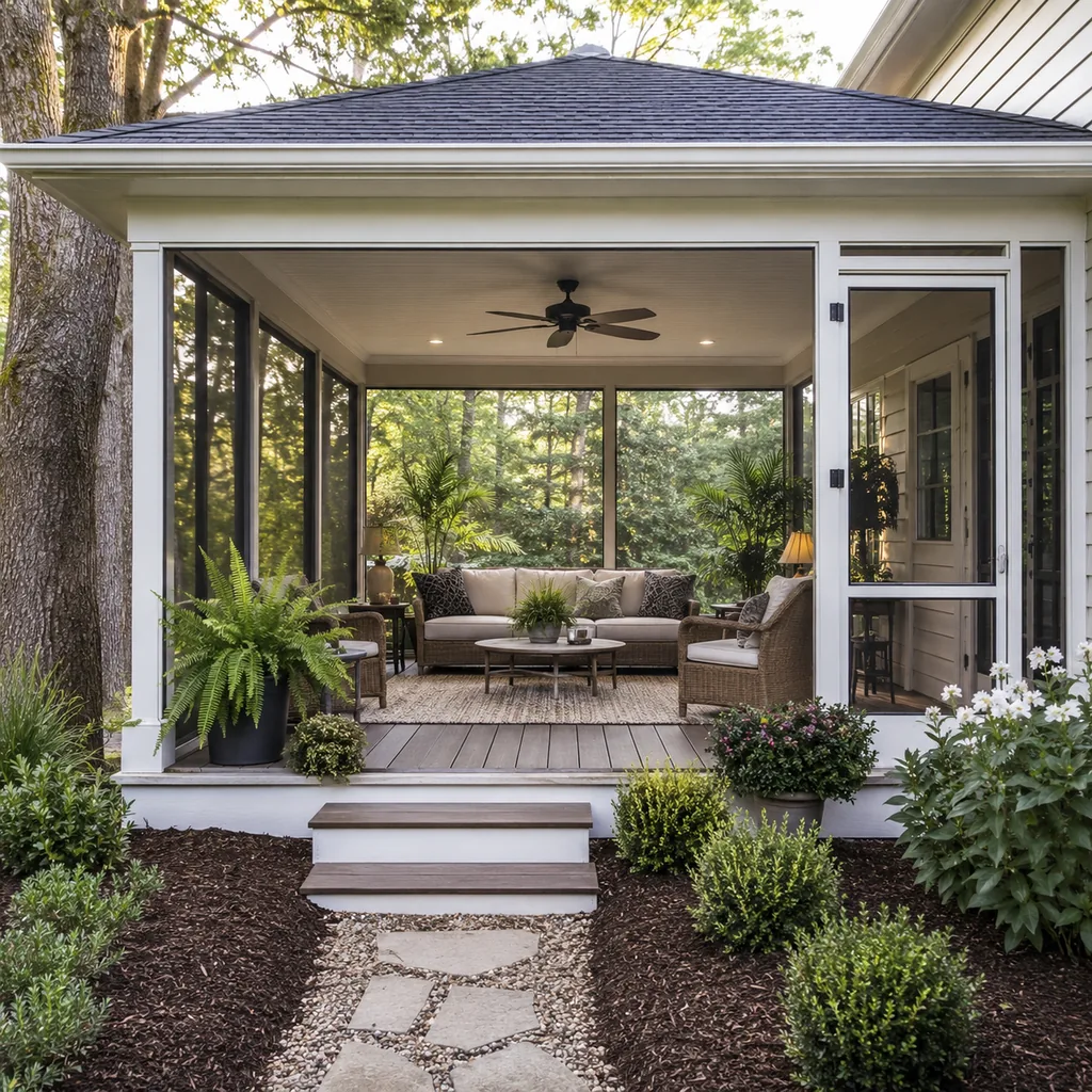 Realistic editorial photo of a screened porch with sofa, chairs, rug, plants, ceiling fan, screens, and soft daylight showing fresh mulch around the approach