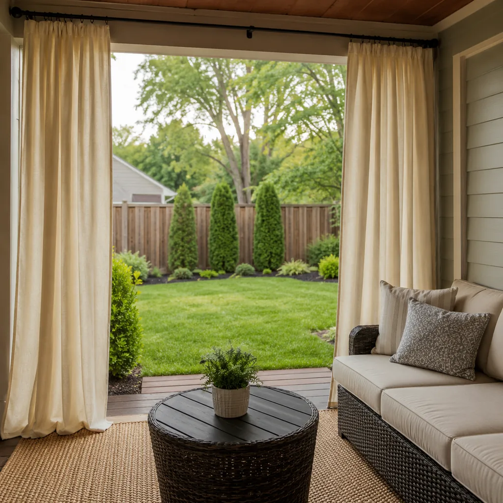 Realistic editorial photo of a small American room with windows, curtains, rods