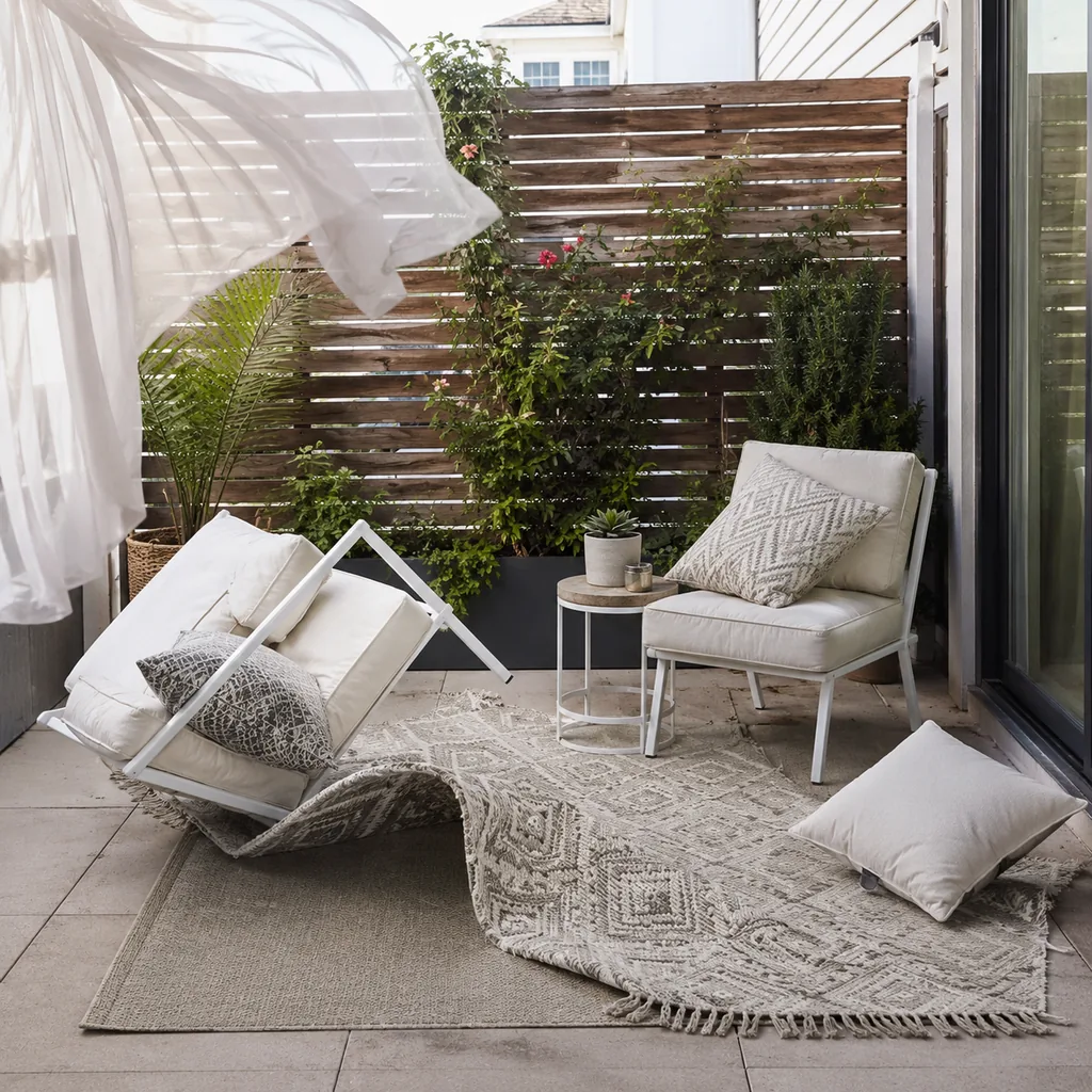 Realistic editorial photo of a small patio with compact seating, outdoor rug, plants, side table, curtains, and privacy screen showing furniture too light for w