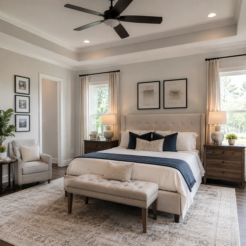 Realistic editorial photo of a staged American living room with sofa, rug, windows, lighting, and buyer-facing details showing nightstands that fit the bed scal