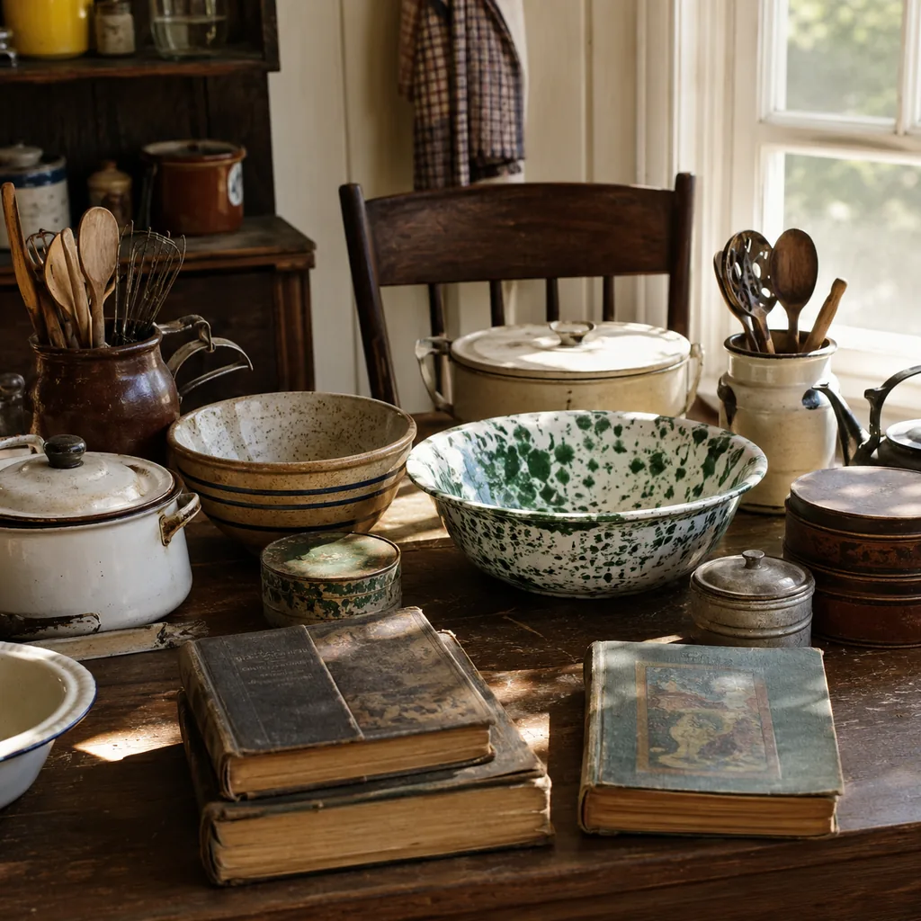 Realistic editorial photo of a vintage kitchen table with bowls, enamel cookware, utensils, tins, and warm window light showing first-edition or local history b