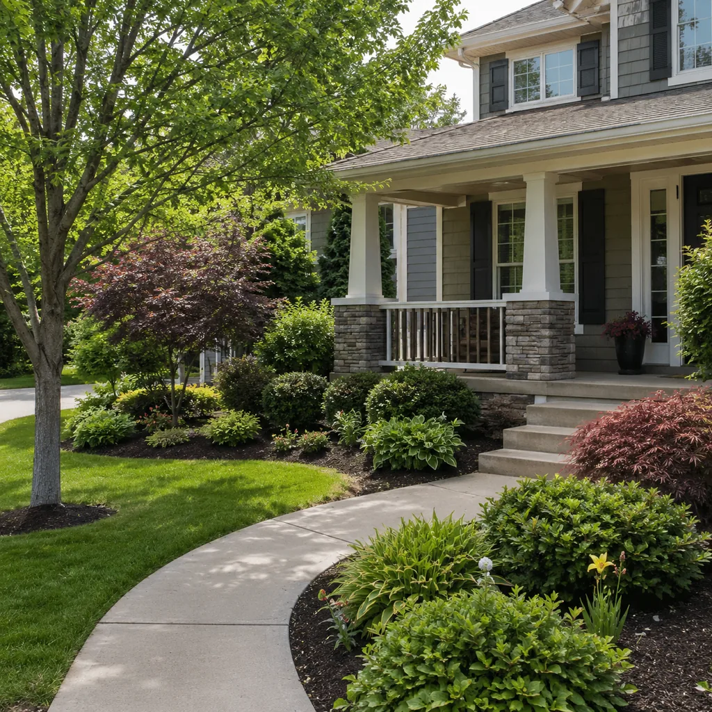 Realistic editorial photo of an American front yard with lawn, shrubs, walkway, mulch beds, trees, and a front porch showing narrow side yard ignored