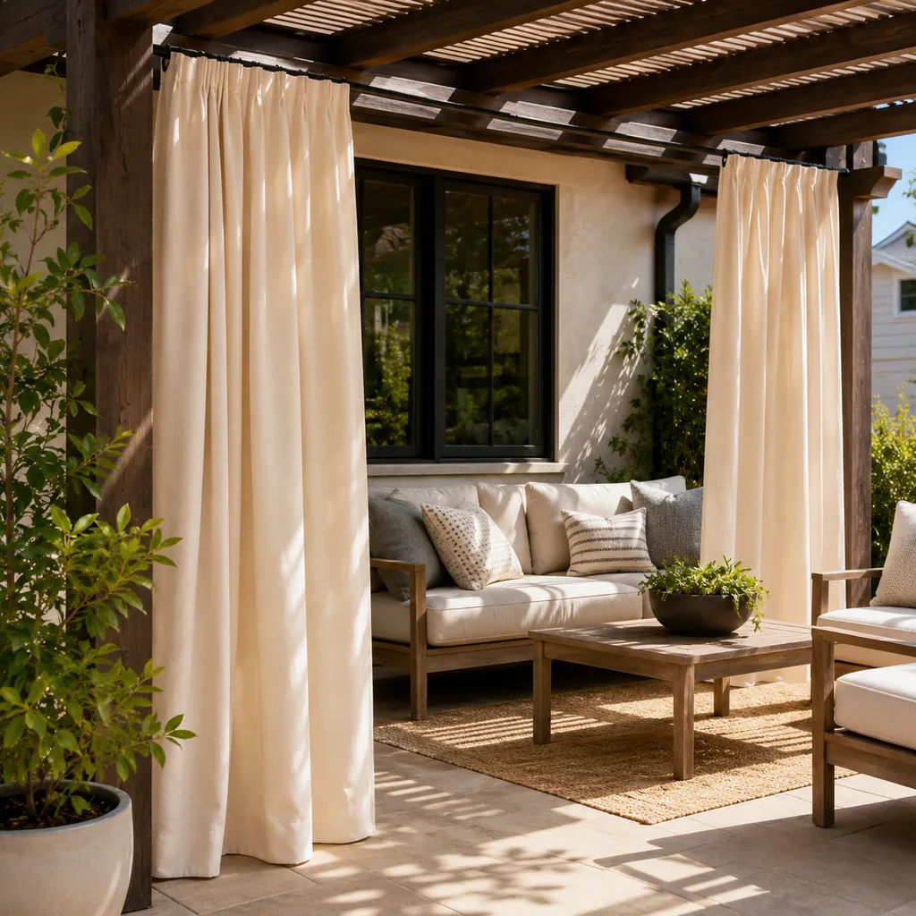 Realistic editorial photo of an outdoor patio with pergola curtains, seating, plants, fabric panels, and sunlight showing no return on the rod ends