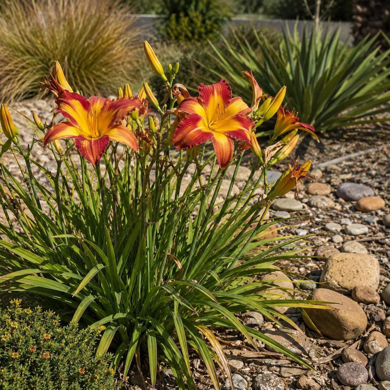 Realistic editorial photo of Daylily growing in sunny drought tolerant flower bed in summer heat, realistic editorial ph