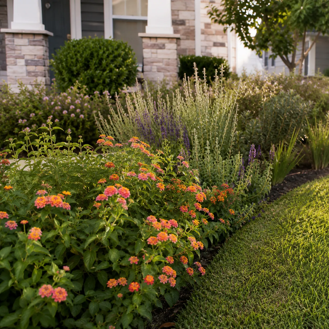 Realistic editorial photo of Lantana growing in front yard border with deer resistant flowering plants, realistic editor