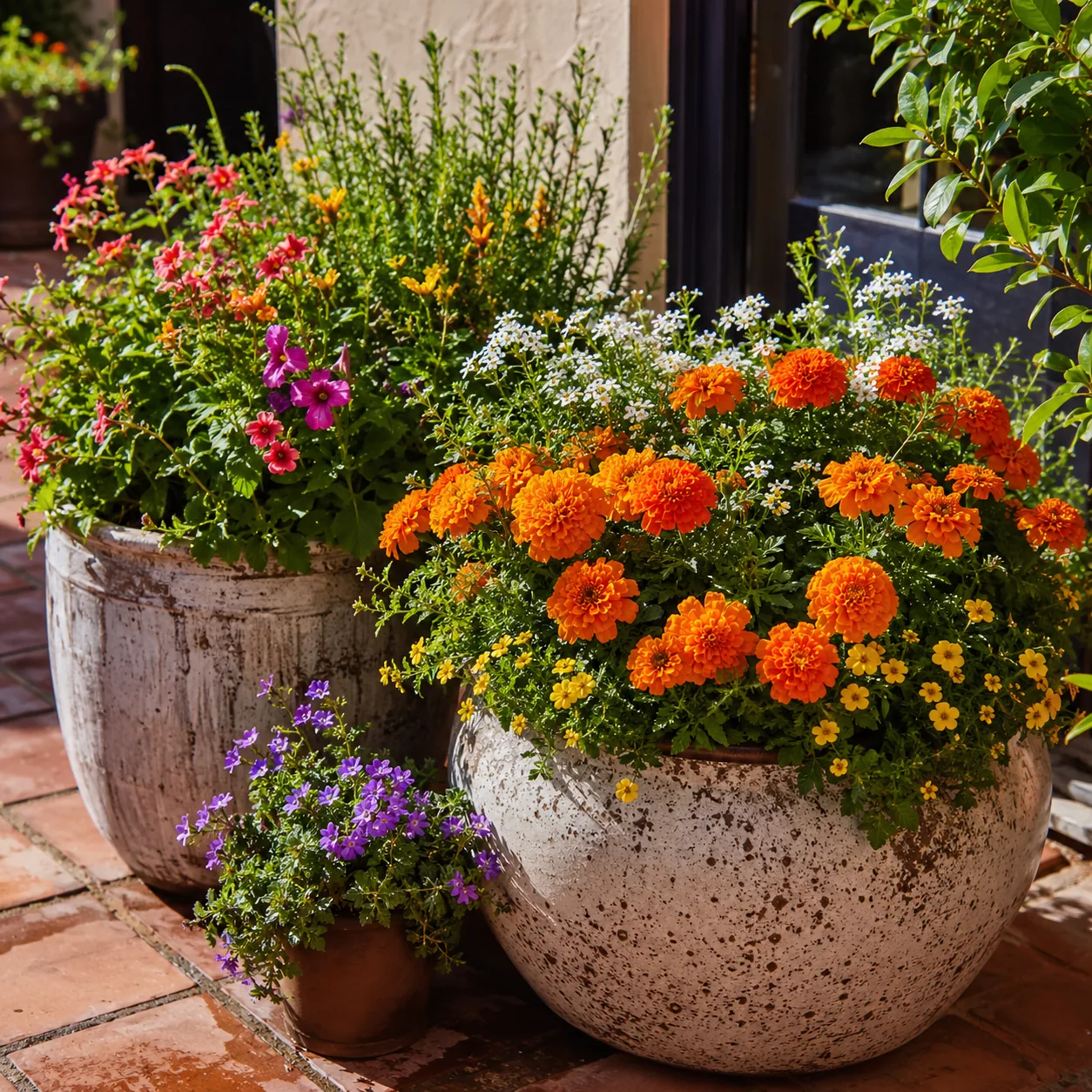 Realistic editorial photo of Marigold growing in sunny patio containers with heat tolerant flowering plants, realistic e
