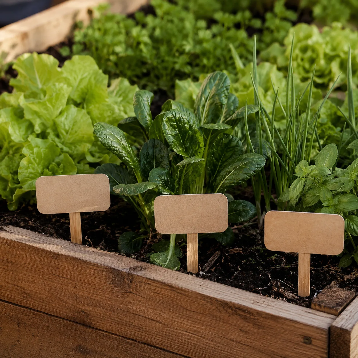 Realistic editorial photo of plant labels for edible beds in budget backyard weekend upgrade, realistic editorial photo,