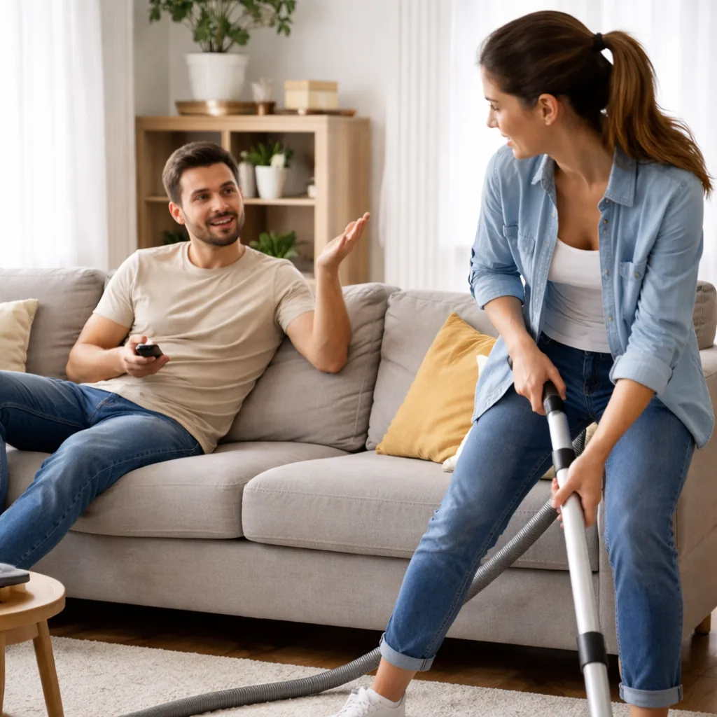 Realistic lifestyle photo of a husband sitting on the couch saying he'll handle a chore later while his wife already sta