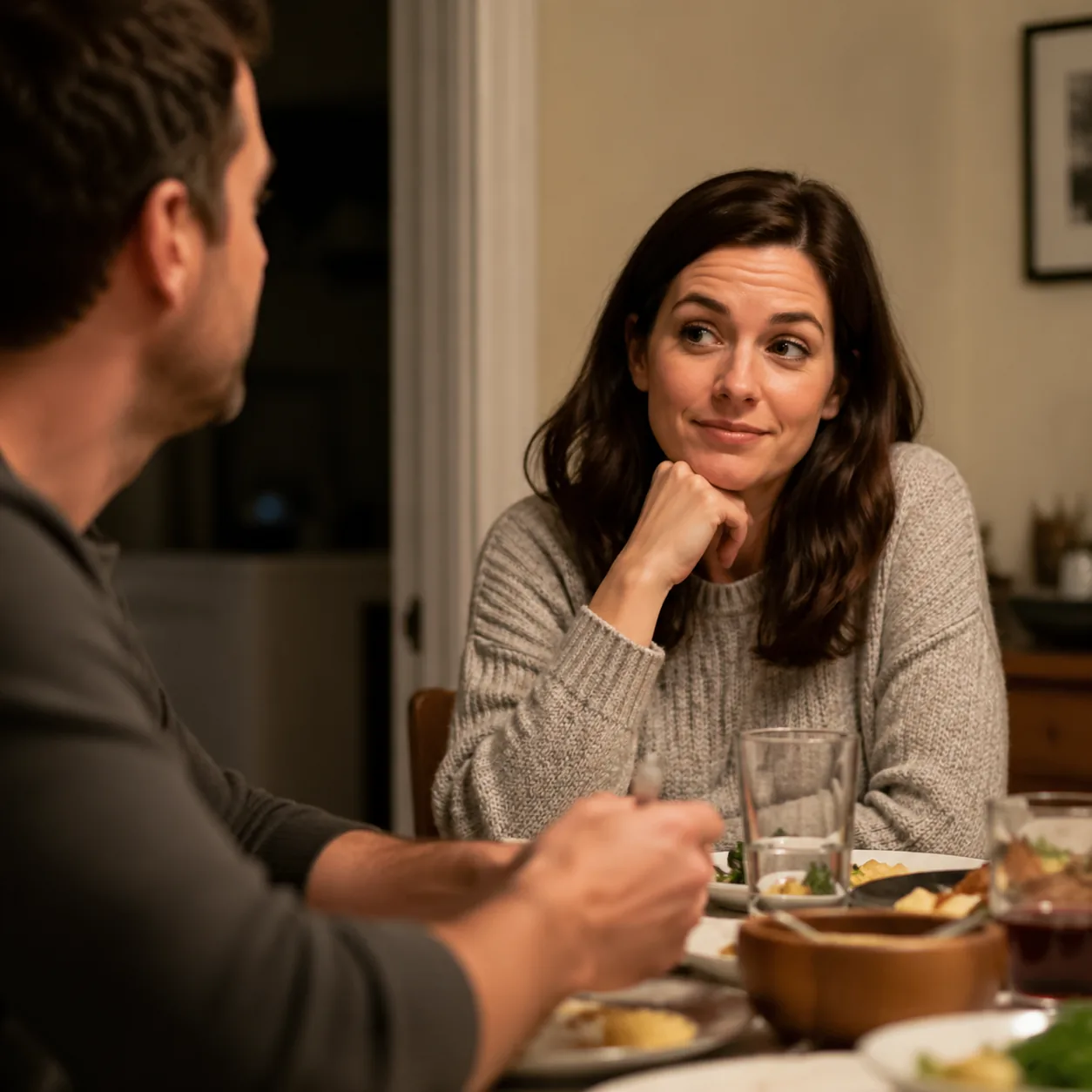 Realistic photo of a wife giving a calm knowing look across a dinner table while husband stops mid-sentence, playful mar
