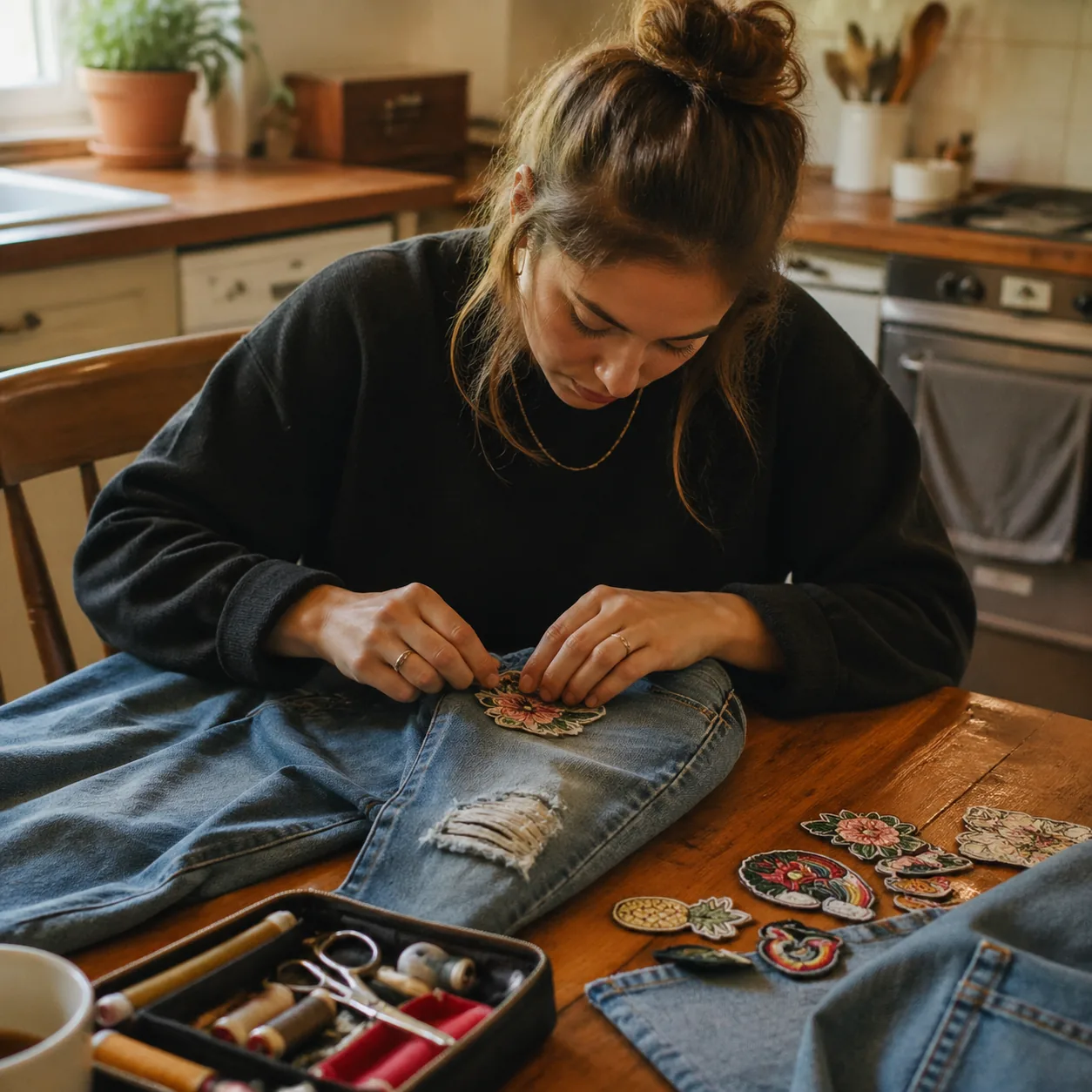 Warm editorial photo of a young woman patching the knee of a pair of denim jeans at a kitchen table, sewing kit and iron