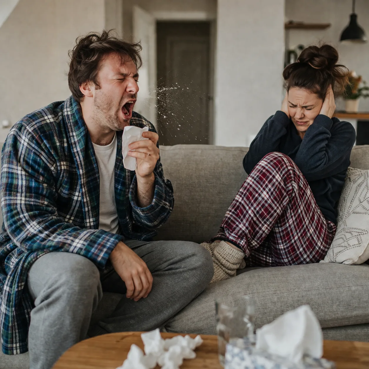 Funny realistic lifestyle photo of a husband sneezing dramatically in a quiet living room while his wife covers her ears