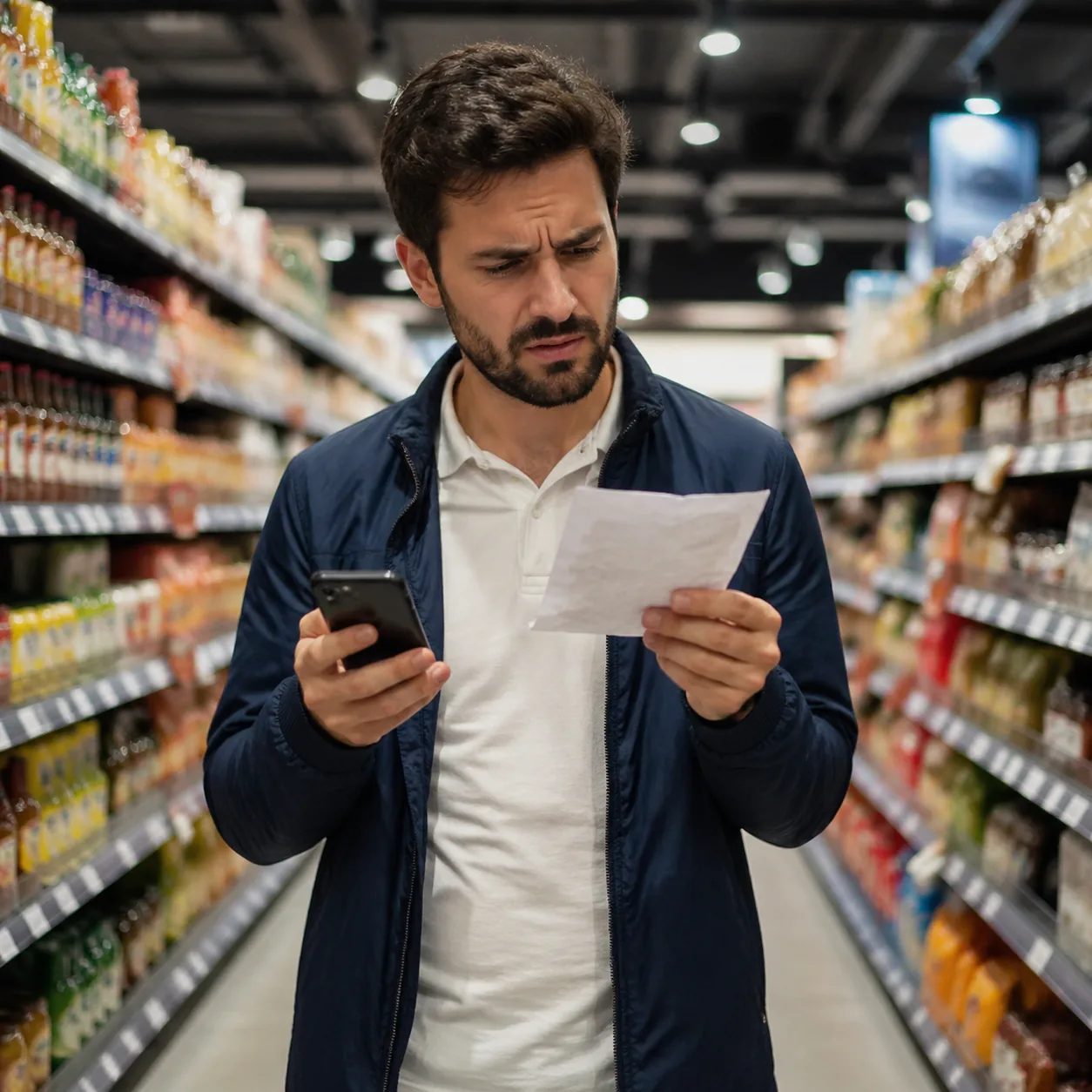 Funny realistic lifestyle photo of a husband standing confused in the middle of a grocery store aisle holding a phone wh