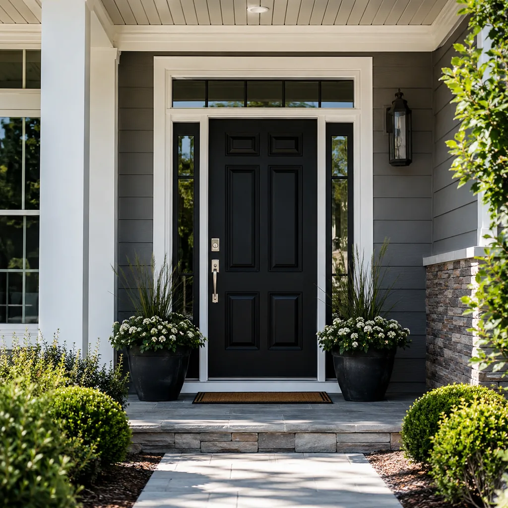Realistic editorial photo of a black front door on an American home with trim, planters, hardware, and porch details showing clear path to the door
