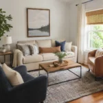 Realistic editorial photo of a compact living room with sofa, chairs, rug, coffee table, and window light showing sofa depth that fits the room