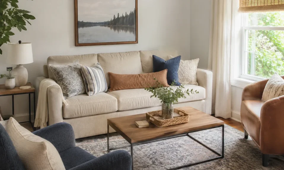 Realistic editorial photo of a compact living room with sofa, chairs, rug, coffee table, and window light showing sofa depth that fits the room