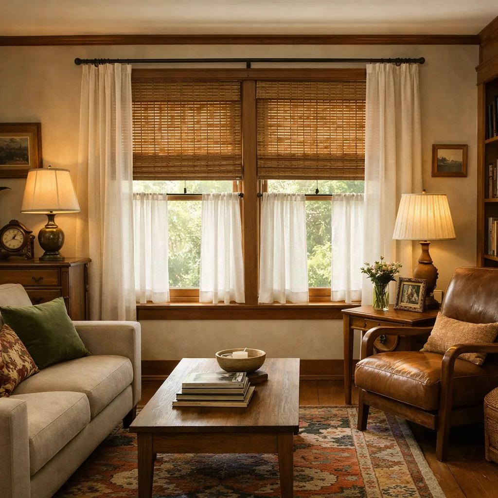 Realistic editorial photo of a home interior with vintage decor, modern furniture, warm wood, patterned accents, and layered lighting showing curtain alternativ