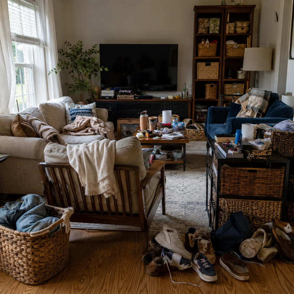 Realistic editorial photo of a living room with crowded surfaces, extra chairs, baskets, blankets, cords, and storage furniture showing shoes without a daily la