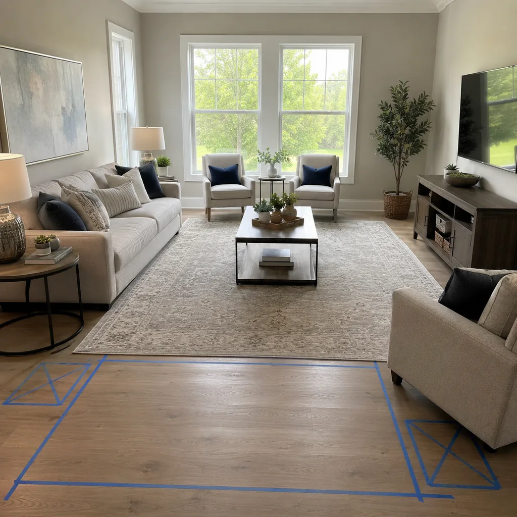 Realistic editorial photo of a living room with sofa, chairs, rug, TV, windows, and taped layout marks showing nightstands that fit the bed scale