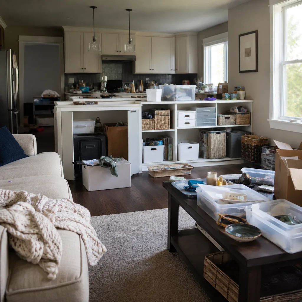 Realistic editorial photo of a realistic cluttered living room and kitchen area with boxes, counters, shelves, and organizing bins showing storage furniture tha
