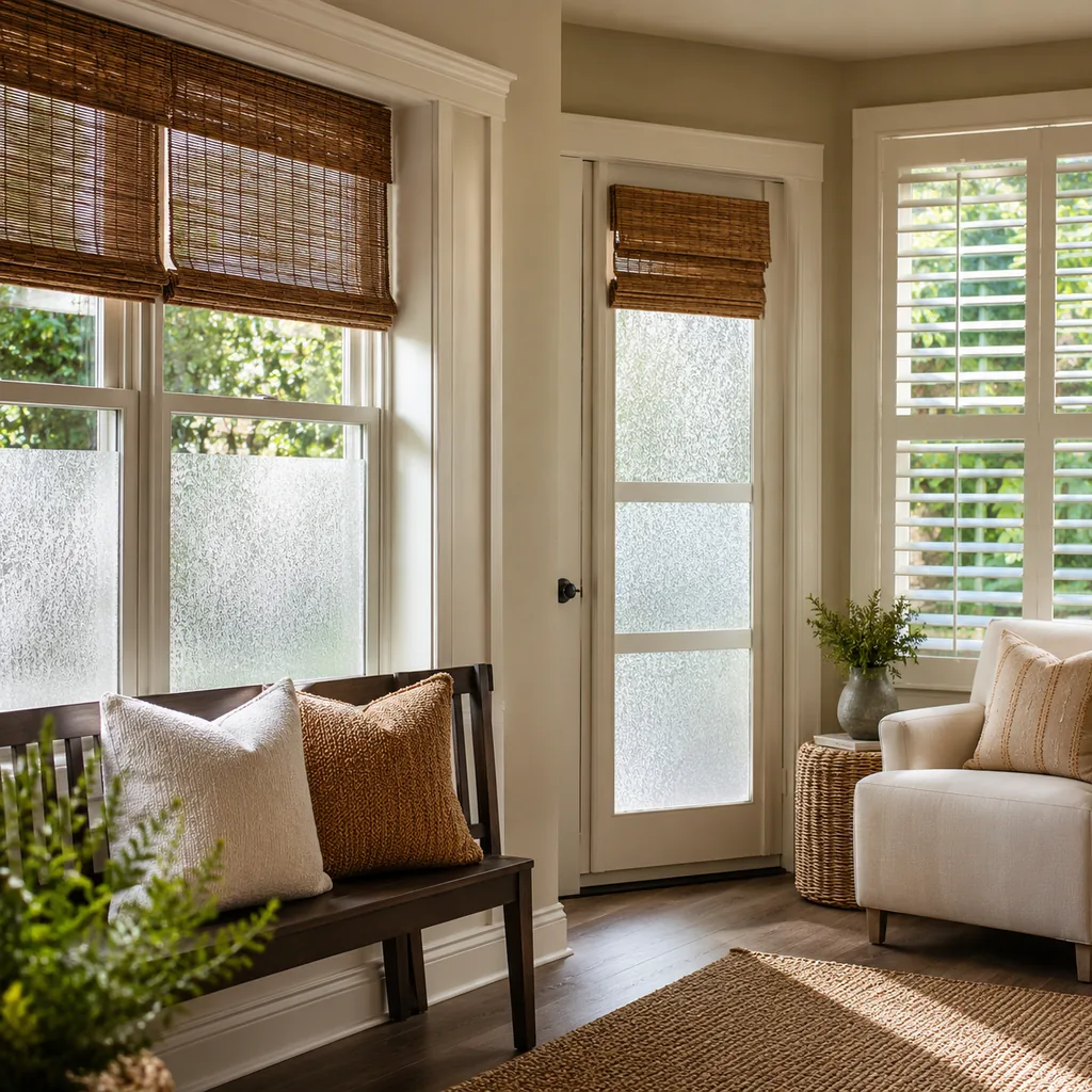 Realistic editorial photo of a room with windows, shades, shutters, woven panels, privacy film, and soft natural light showing frosted film used where fabric wo