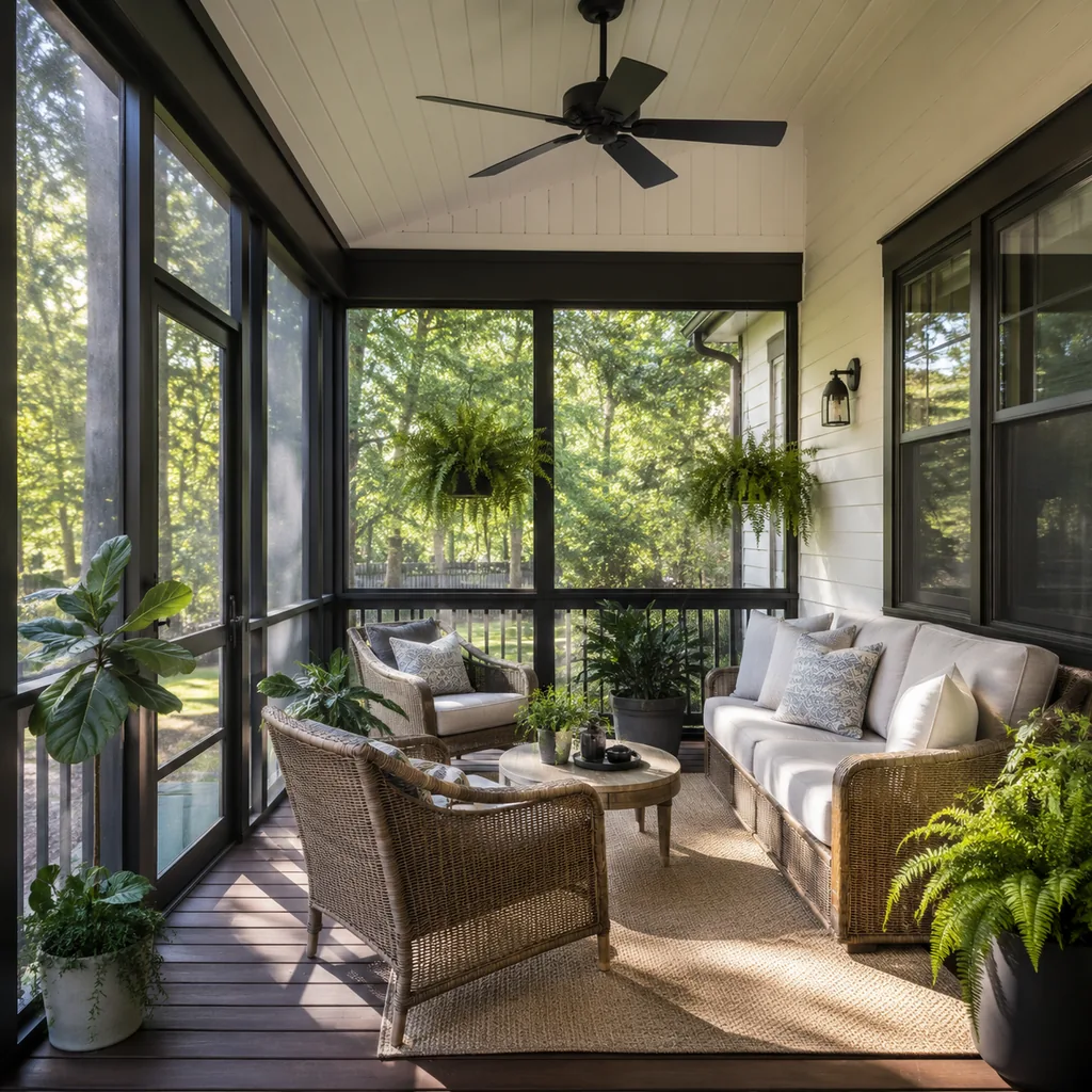 Realistic editorial photo of a screened porch with sofa, chairs, rug, plants, ceiling fan, screens, and soft daylight showing clean walkway edge