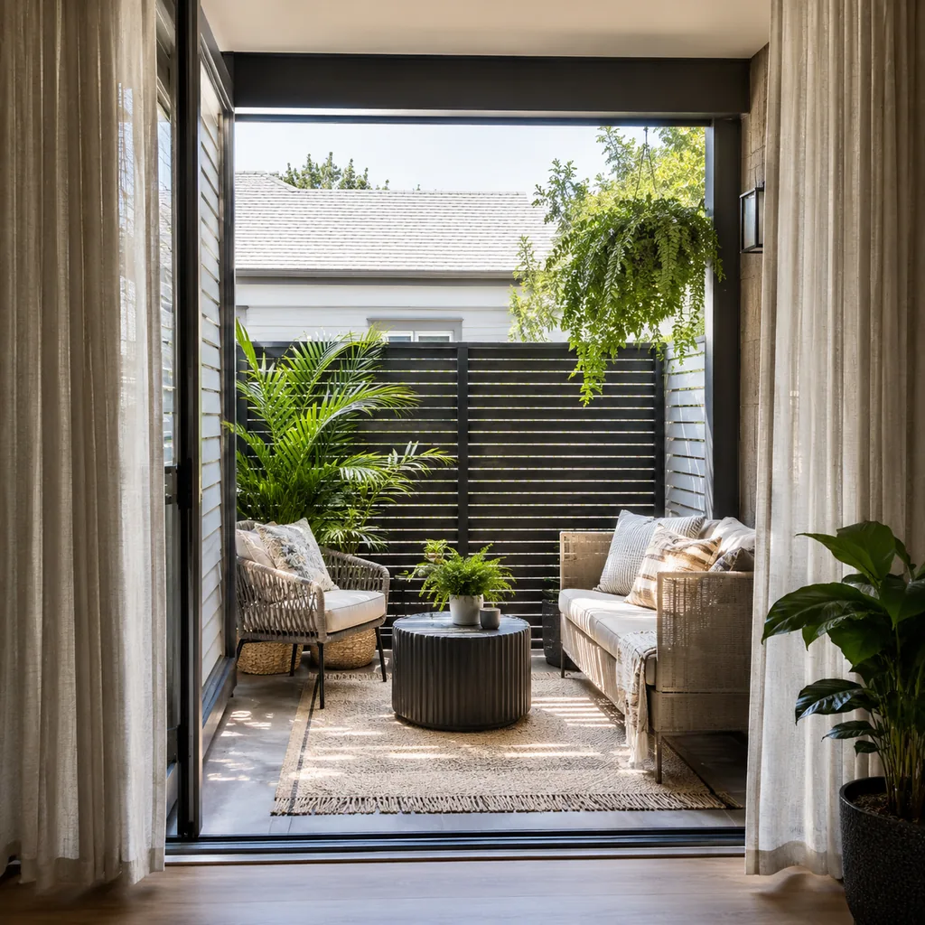 Realistic editorial photo of a small patio with compact seating, outdoor rug, plants, side table, curtains, and privacy screen showing view from inside that loo