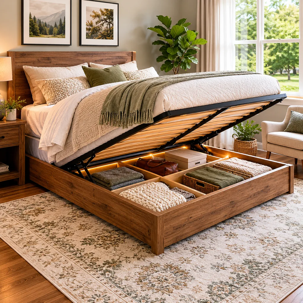 Realistic editorial photo of a staged American living room with sofa, rug, windows, lighting, and buyer-facing details showing under-bed storage that still brea