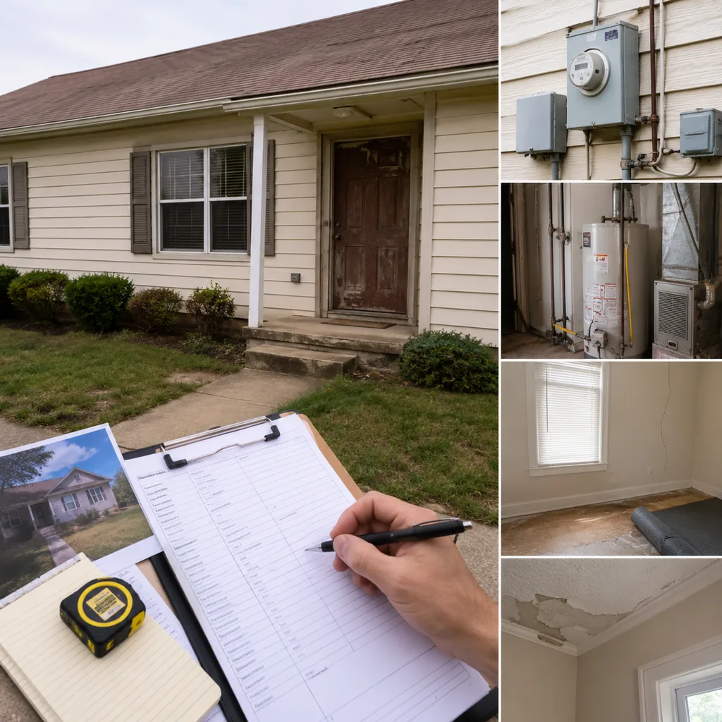 Realistic editorial photo of a suburban American home with appraisal paperwork, exterior details, utilities, and interior repair clues showing front door that l