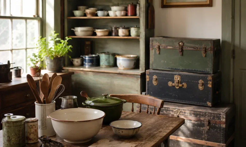 Realistic editorial photo of a vintage kitchen table with bowls, enamel cookware, utensils, tins, and warm window light showing military trunks and footlockers