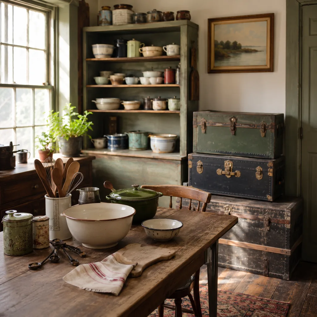 Realistic editorial photo of a vintage kitchen table with bowls, enamel cookware, utensils, tins, and warm window light showing military trunks and footlockers