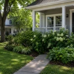 Realistic editorial photo of an American front yard with lawn, shrubs, walkway, mulch beds, trees, and a front porch showing plants blocking the porch steps