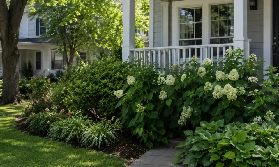 Realistic editorial photo of an American front yard with lawn, shrubs, walkway, mulch beds, trees, and a front porch showing plants blocking the porch steps