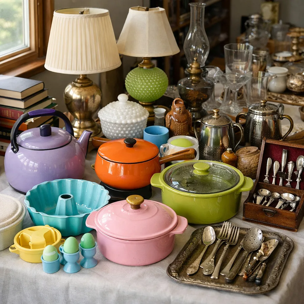 Realistic editorial photo of an estate sale table with vintage kitchenware, lamps, books, silverware, and household collectibles showing kitchenware in unusual 