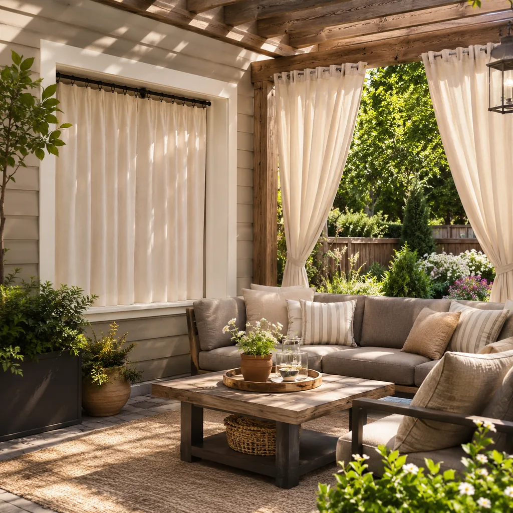Realistic editorial photo of an outdoor patio with pergola curtains, seating, plants, fabric panels, and sunlight showing curtains hung inside the window frame