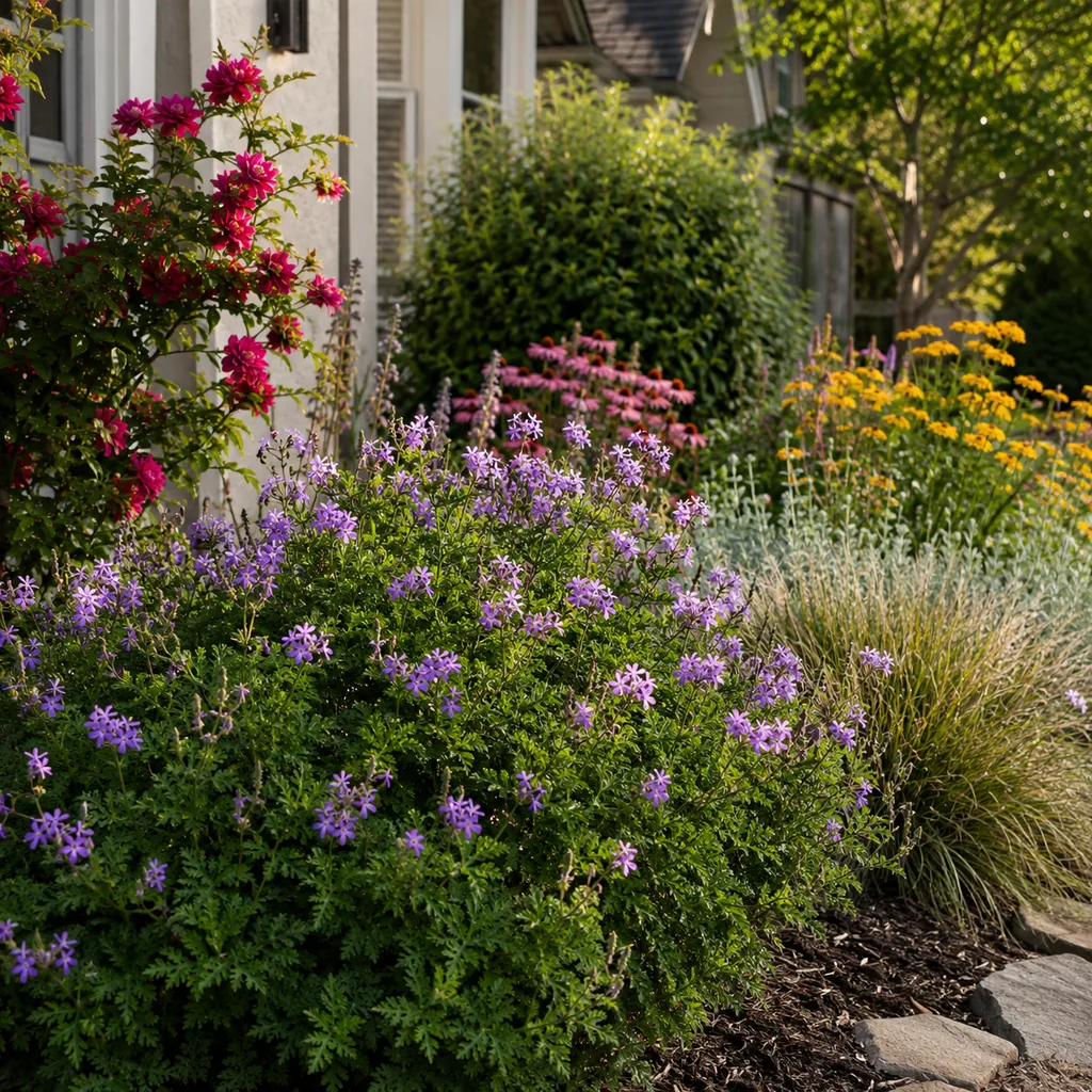 Realistic editorial photo of Aromatic geranium growing in front yard border with deer resistant flowering plants, realis