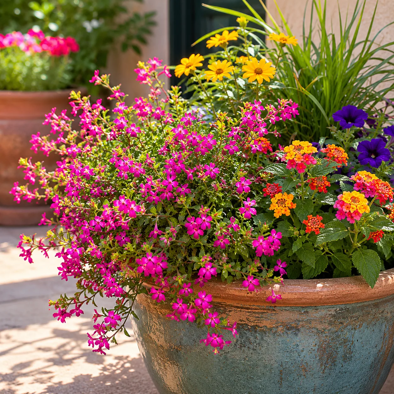Realistic editorial photo of Cuphea growing in sunny patio containers with heat tolerant flowering plants, realistic edi